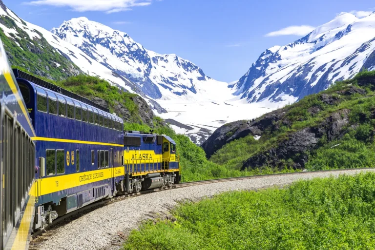 Alaska Railroad train passes Bartlett Glacier 768x513